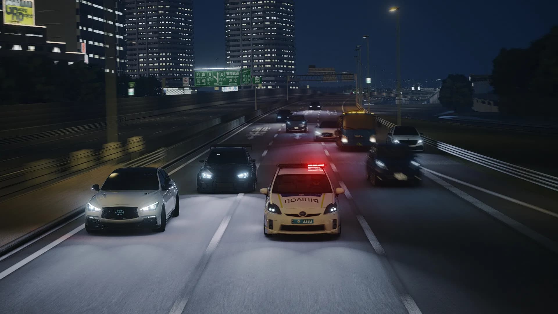 A police Toyota Prius on a night highway among the racers